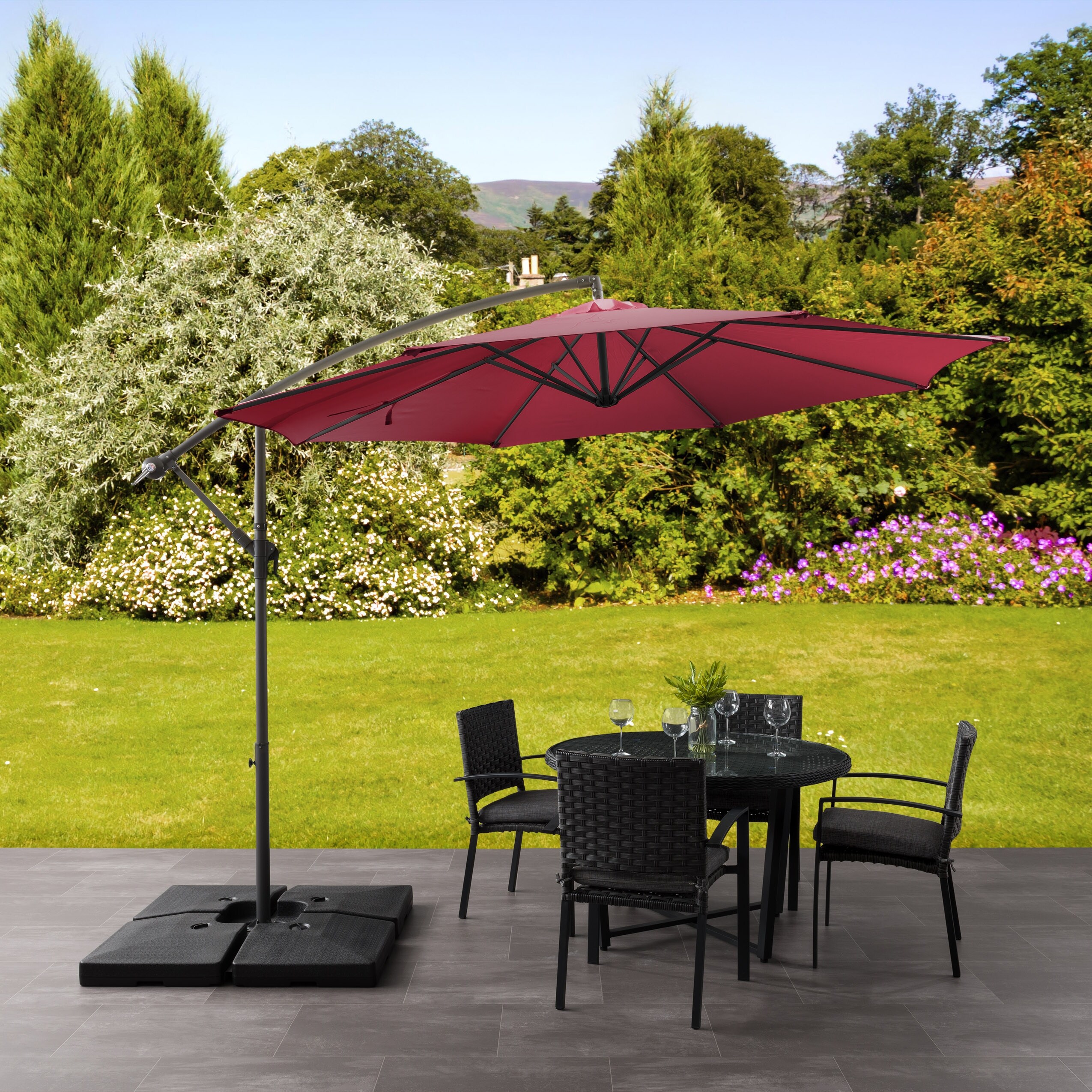 corliving 9.5ft offset fabric patio umbrella and base weight Tilting - Grey All-Occasion 9.5' UV Resistant Offset
