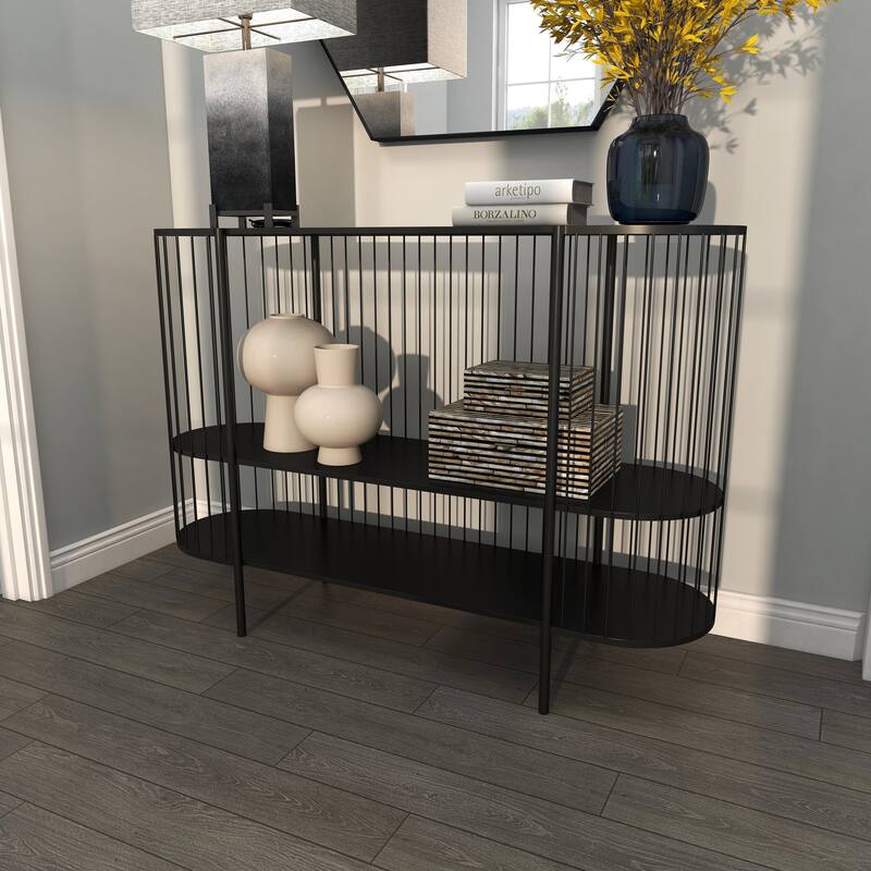 Metal Narrow Oval 2 Shelf Console Table with Open Wire Frame - Black - Roche River Decor