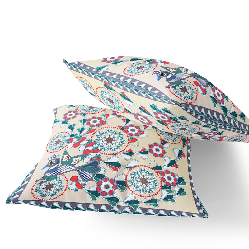 HomeRoots Set of Two 16" X 16" Green and Red Peacock Blown Seam Floral Indoor Outdoor Throw Pillow - 16.00' X '16.00' X '5.00