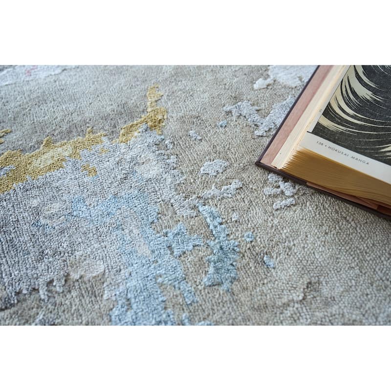 EXQUISITE RUGS Cosmo Hand-knotted Wool/Bamboo Silk Silver/Blue/Beige Area Rug.