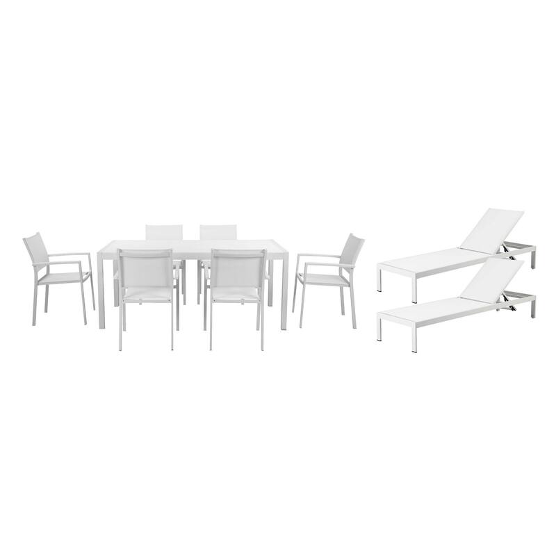 Kris 9 Piece Patio Dining and Lounge Set, White Textilene Seating, Aluminum - White