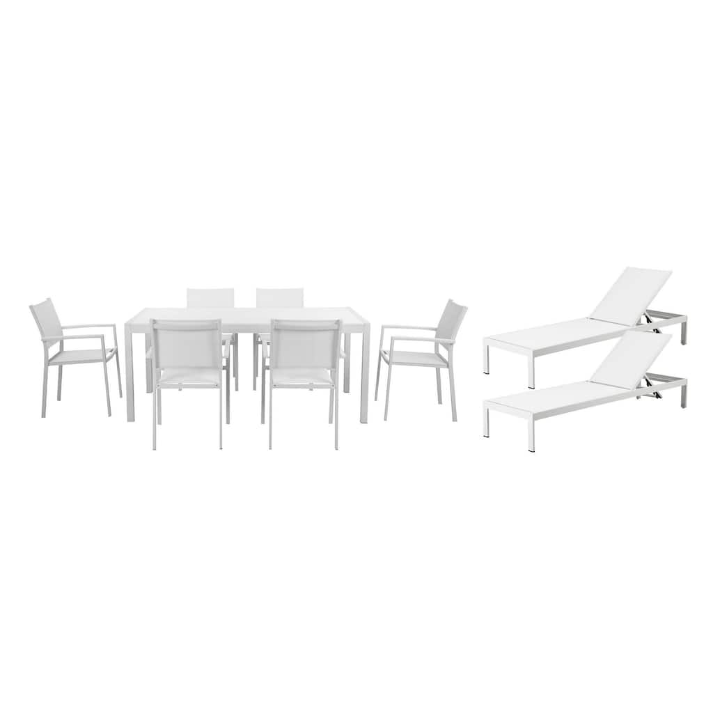 Kris 9 Piece Patio Dining and Lounge Set, White Textilene Seating, Aluminum