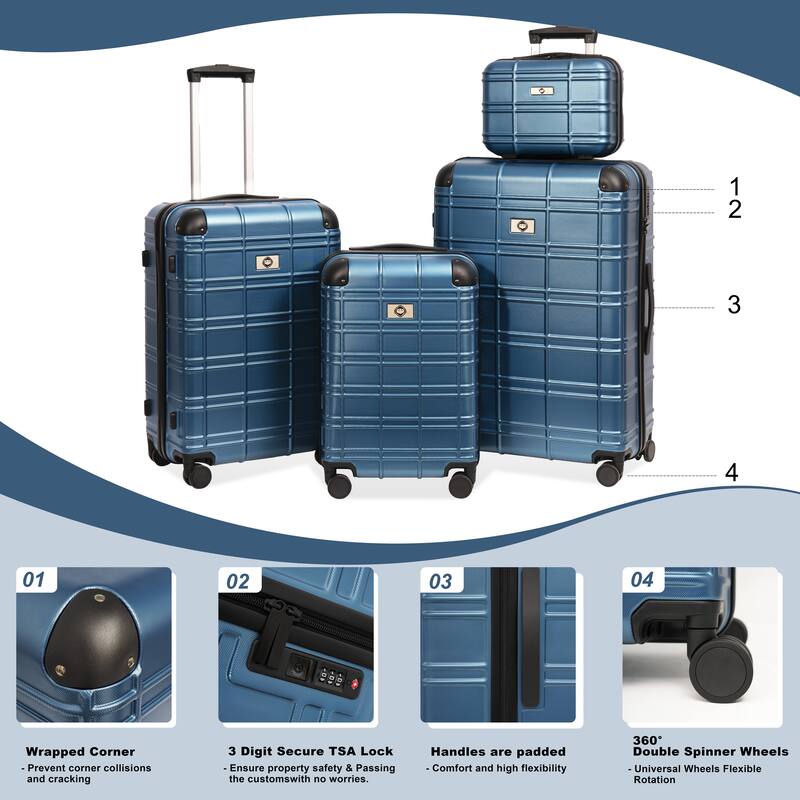 ABS+PC 4-Piece Luggage Set with TSA Lock, Spinner Wheels & Multiple Sizes (12"/20"/24"/28") - Hardside Suitcase Set