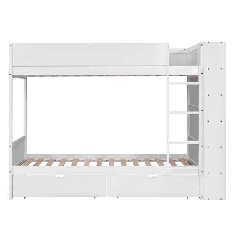 Twin over Twin Bunk Bed With 2 Drawers and Multi-layer Cabinet, White