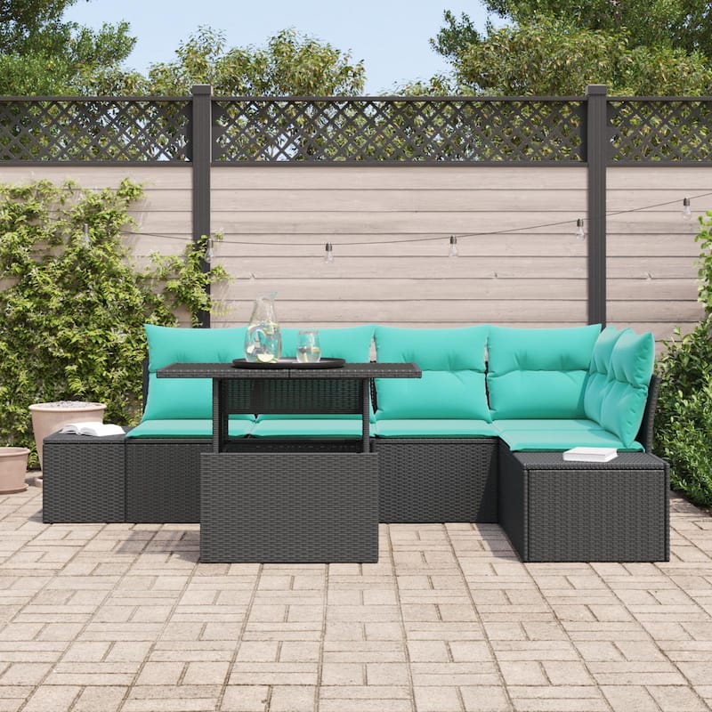 vidaXL 6 Piece Garden Sofa Set with Cushions Black Poly Rattan - 103.9×60.6×27.2