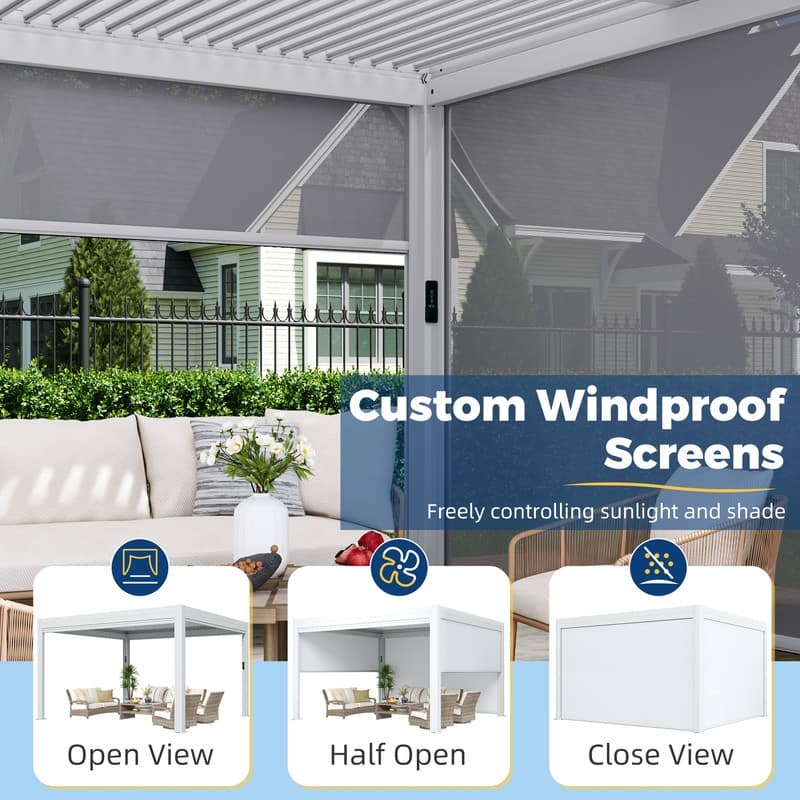 EROMMY Outdoor Louvered Pergola Gazebo with Adjustable Aluminum Rainproof Roof and Pull-Down Screen