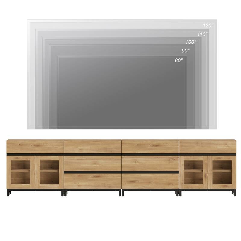 4-in-1 TV Stand for 120" TVs, Modern Console with Glass Doors & 8 Drawers