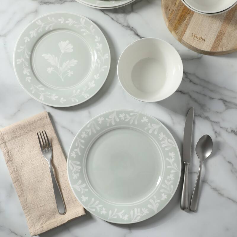 Martha Stewart Maiden Crown 12-Piece Dinnerware Set - Vegan Bone China Ceramic Plates & Bowls - Floral Design - Service for 4