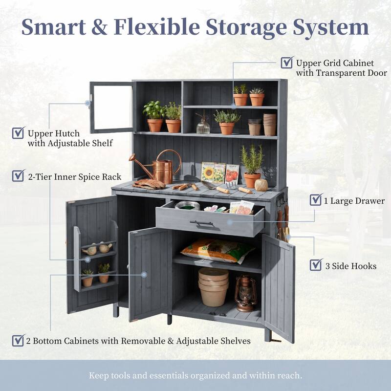 Roomfitters 65" Garden Potting Bench with Storage Hutch, Outdoor Potting Table & Prep Station, Drawer, Cabinet, Shelves