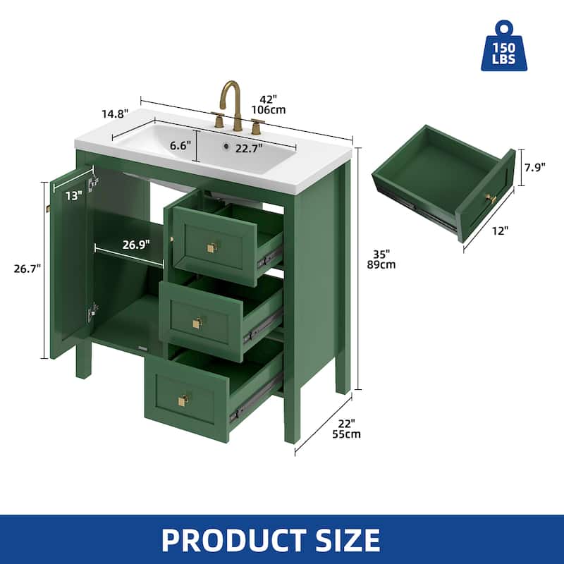 Moasis 36"/42" Bathroom Vanity with Sink Set and 2 Soft-Closing Doors & 3 Drawers - 42 Inch - Green