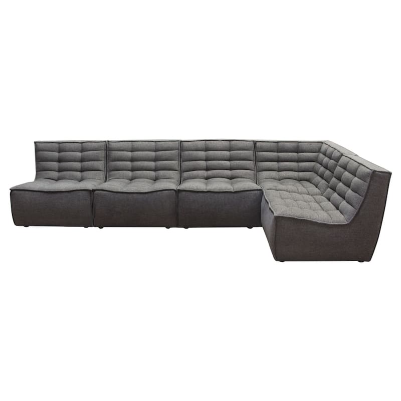 Ema 5pc L Shape Modular Sectional Corner Sofa, Grid Tufted Gray Polyester