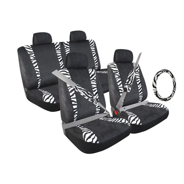 Pilot Automotive Universal Zebra Print Front and Back Seat Cover/ Shoulder Pad Covers/ Steering Wheel Cover (Set of 13)