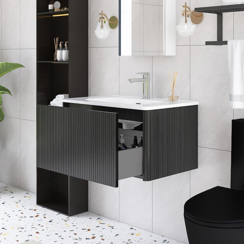 Floating Bathroom Vanity with Glossy White Integrated Ceramic Sink