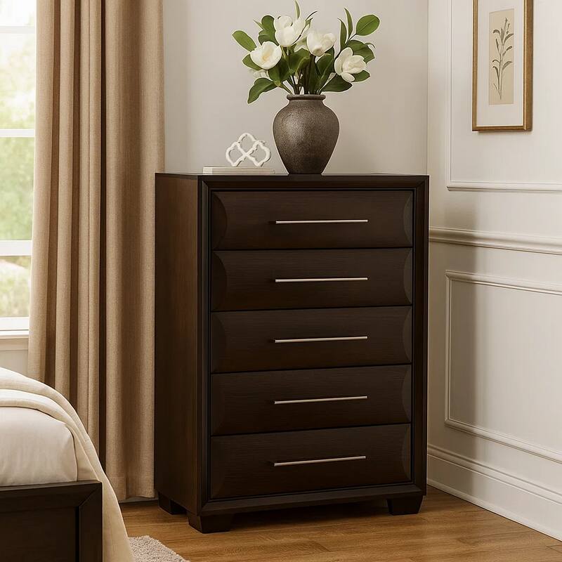 Nitz Tall Dresser Chest, 5 Drawers, Espresso Brown Solid Wood