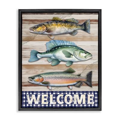 Stupell Welcome with Rustic Fish Framed Floater Canvas Wall Art Design By Nicole DeCamp
