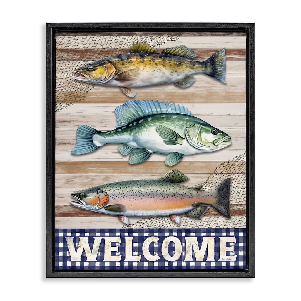 Stupell Welcome with Rustic Fish Framed Floater Canvas Wall Art Design By Nicole DeCamp