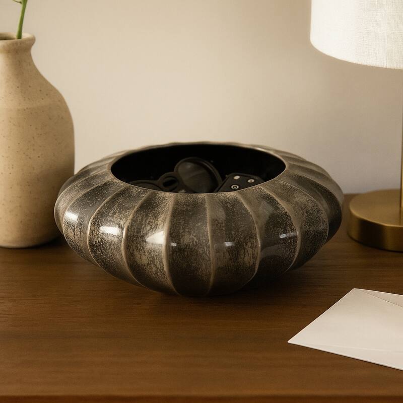 Decorative Round Ribbed Pottery Bowl with Glazed Finsih - 14", Black - 14.5" - Black - 14.5"