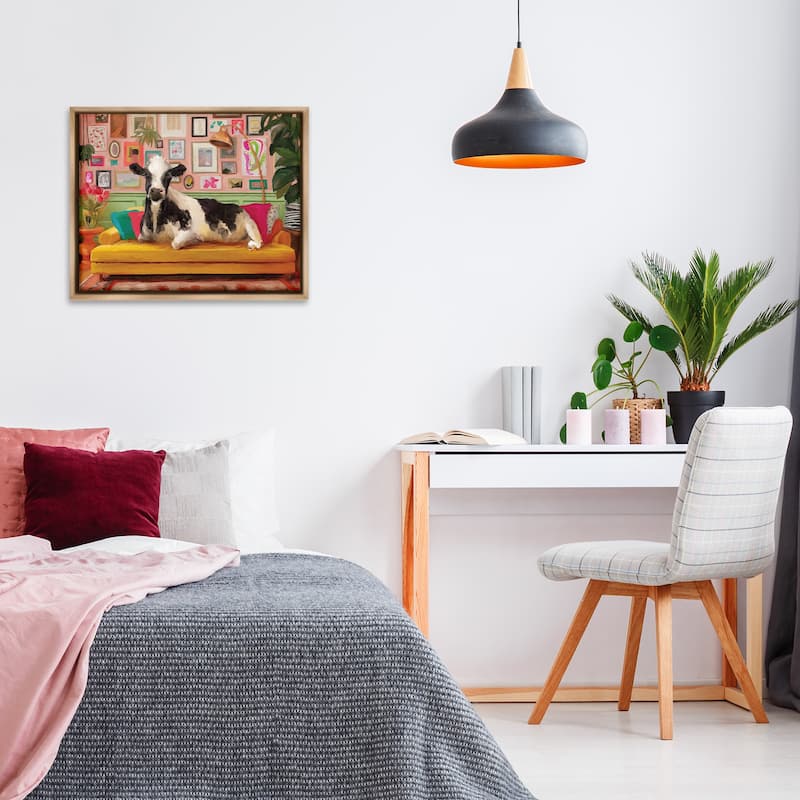 Stupell Cow in Whimsical Maximalist House Framed Floater Canvas Wall Art Design By Kamdon Kreations