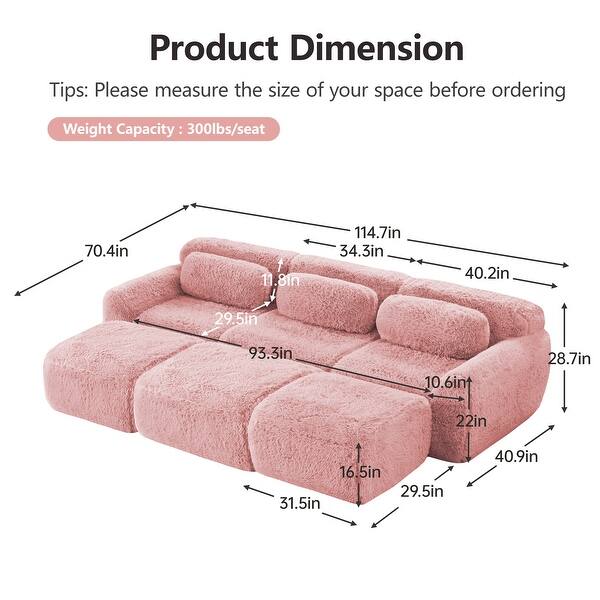 FurnitureR 3-Seat Plush Modular Sofa with Movable Ottoman, No Assembly Lounge Couch, Pink