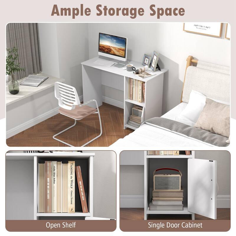 Costway Modern Computer Desk with Cabinet Cable Holes & Open Shelf