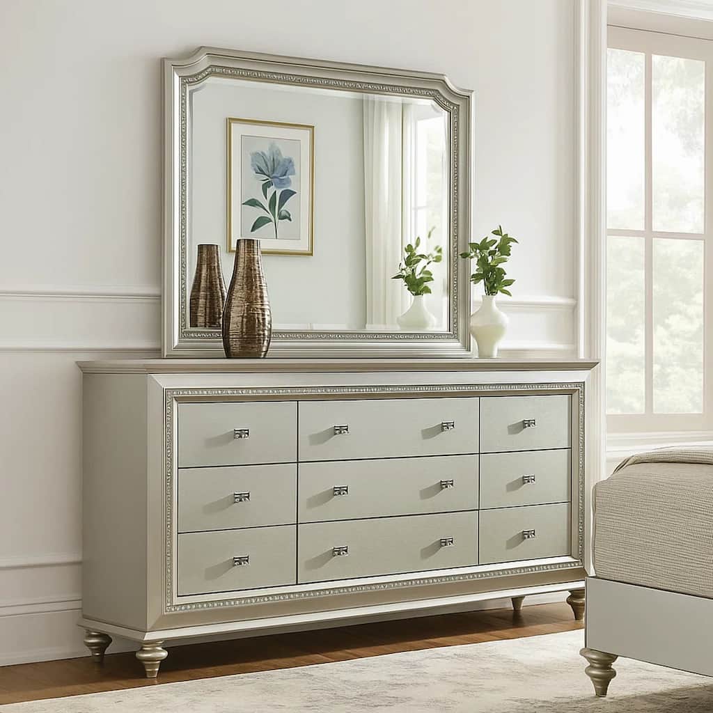 9 Drawer Spacious Desser with Mirror Beveled Pulls and Bun Feet, Silver