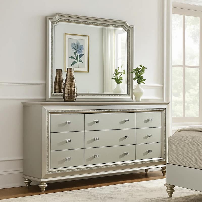9 Drawer Spacious Desser with Mirror Beveled Pulls and Bun Feet, Silver