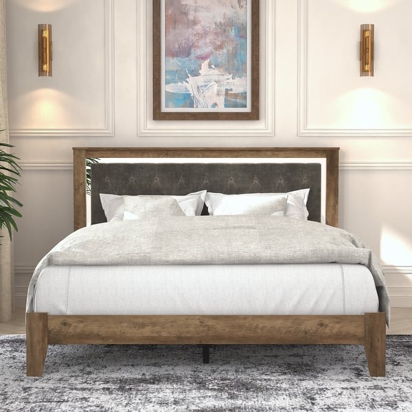 GALANO Diwata Knotty Oak Upholstered Queen Platform Bed With Headboard