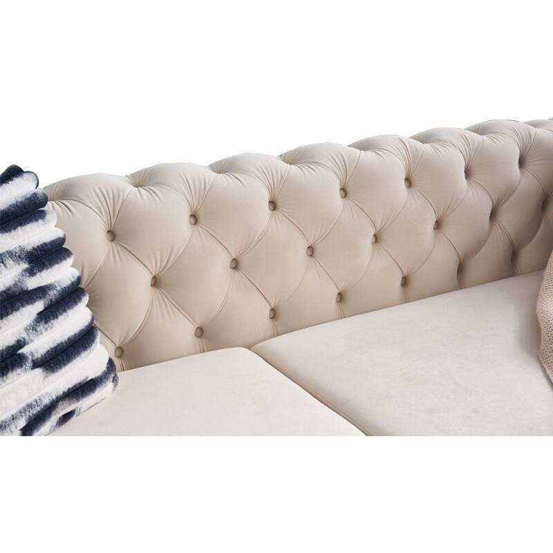 Velvet Tufted Sofa with Gold Metal Legs & Toss Pillows - 84" Width