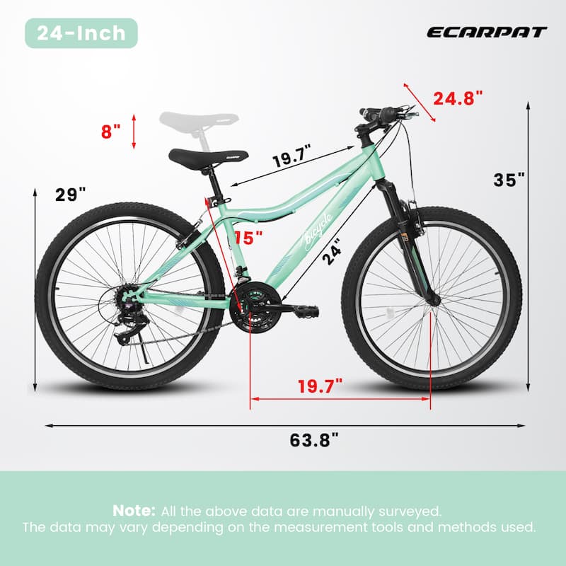 Mountain Bike 24 Inch, High-Density Carbon Steel Frame, 21 Speed, Front Suspension, Dual V-Brakes, 80% Pre-Assembled