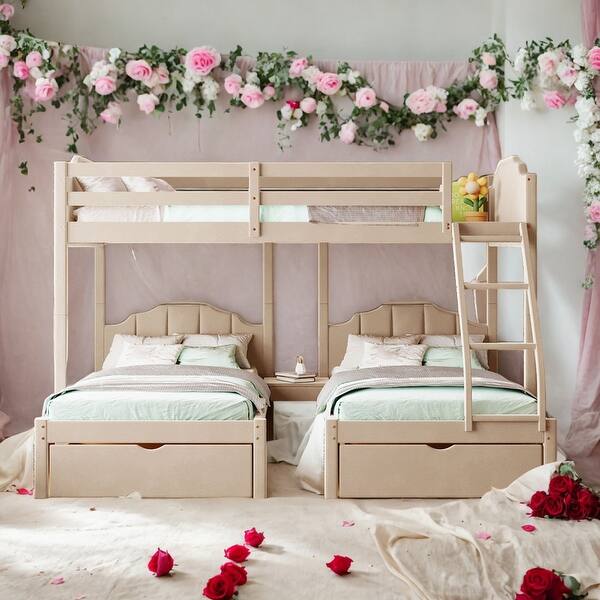 slide 2 of 40, Simple Full Over Twin & Twin Triple Bunk Bed With Drawers and Guardrails Beige