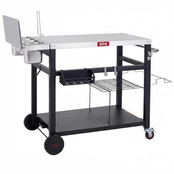 FEASTO Pizza Oven Table with Stainless Steel Top, Outdoor Pizza Prep Station with 4 Upgraded Containers