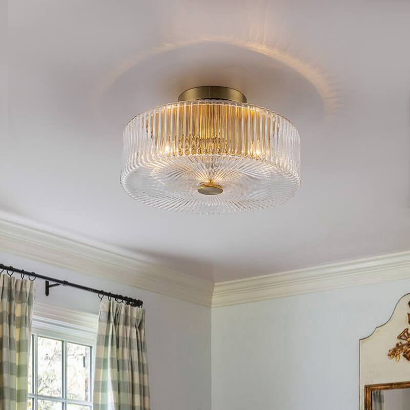 3-Light Modern Gold Dome Semi Flush Mount Lights with Ribbed Glass Shape - Brass