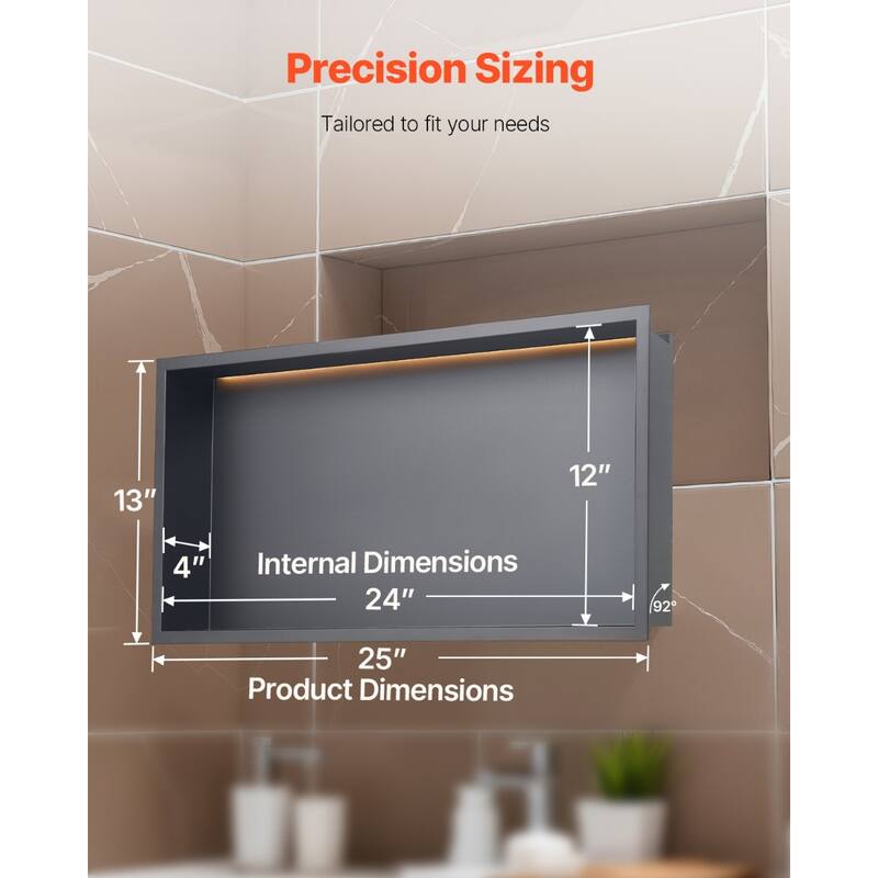 Black Stainless Steel Shower Niche with Waterproof Seamless Design and 3000K LED Light - 4 x 13 x 25 inches