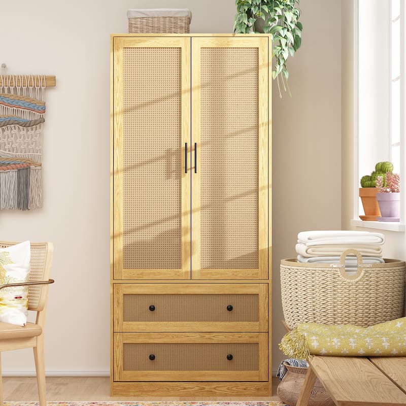 70.9"Wardrobe Closet with Drawers and Hanging Rod Armoires Wood Finish