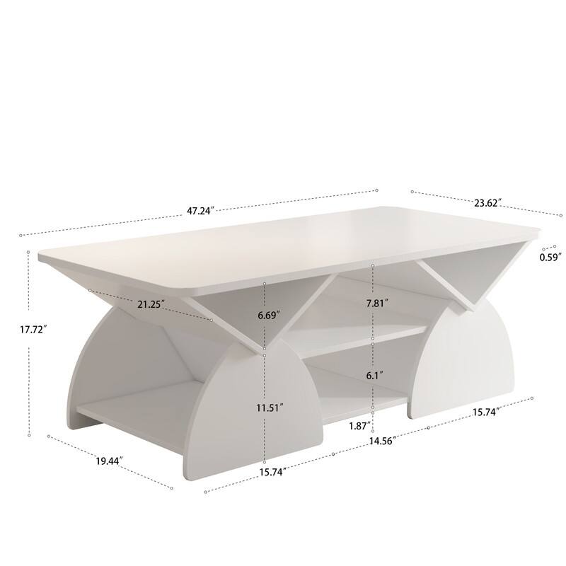 Modern Coffee Table with Storage, Geometric Rounded Design and Open Shelf, Easy Assembly Living Room Table