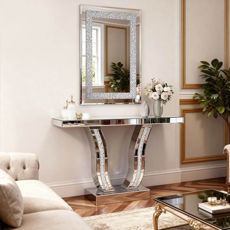 GDFStudio - Crystal Crush Diamond Rectangular Silver Wall Mirror - 36 x 24 Inch