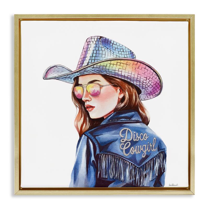 Stupell Disco Cowgirl in Blue Framed Floater Canvas Wall Art Design By Amanda Greenwood - 25 x 25 - Gold