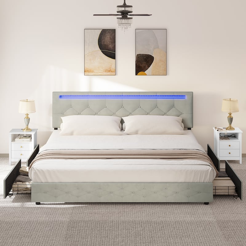 Adjustable Upholstered Headboard Platform Bed with LED light and USB Charging - King