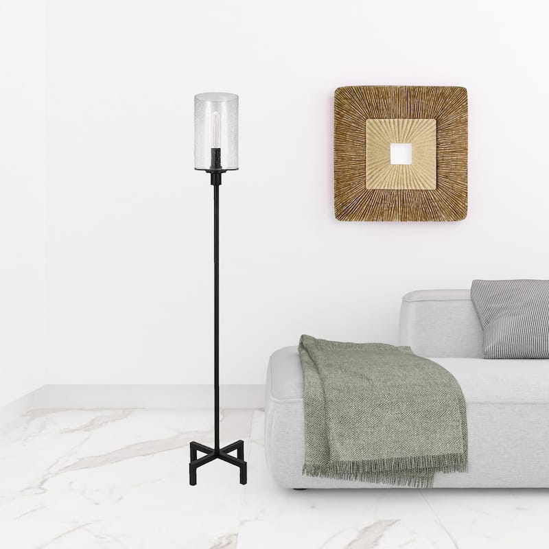 HomeRoots 66" Black Torchiere Floor Lamp With Clear Seeded Glass Drum Shade - 66" Tall - 66" Tall - Black