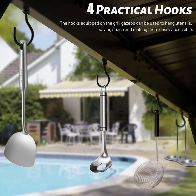 6.5x12FT Outdoor BBQ Gazebo with Sloping Steel Roof, 2 Side Shelves & Ceiling Hooks for Patio, Lawn, Deck