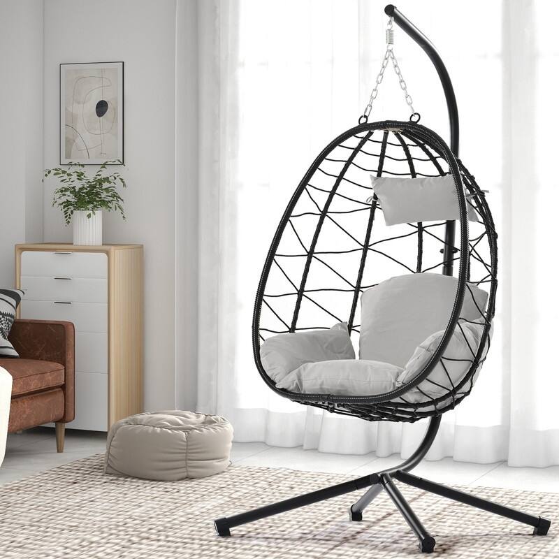 Wicker Hanging Egg Chair with Stand - Boho Swing Chair for Patio, Living Room, Bedroom & Balcony