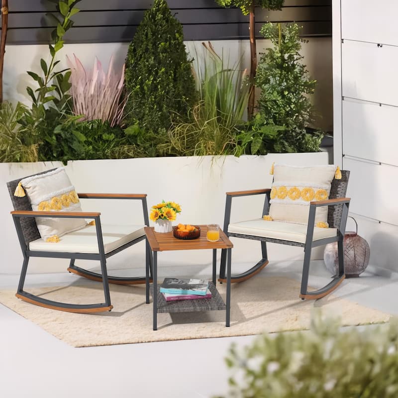 3-Piece Outdoor Wicker Rocking Chair Set with Cushions