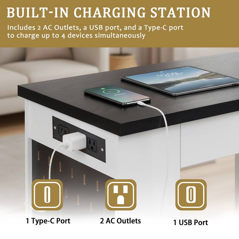 Roomfitters 55" Modern Fluted Office Desk with Charging Station, Storage Cabinet & Pegboard