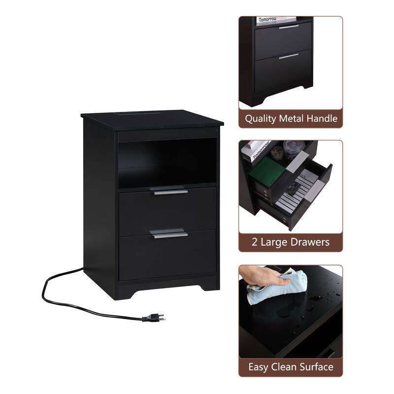 Modern Nightstand with Charging Station, Dual Drawers, and Open Shelf, Black Wooden Side Table