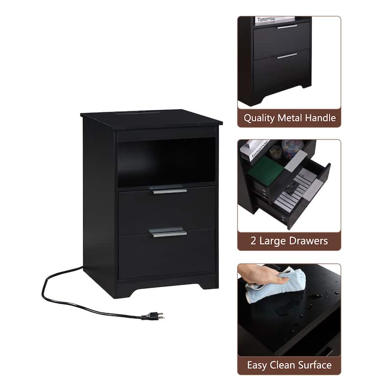 Nightstand with Charging Station,End Table with 2 Drawers,Wooden End Table with Drawer and Opening Shelf