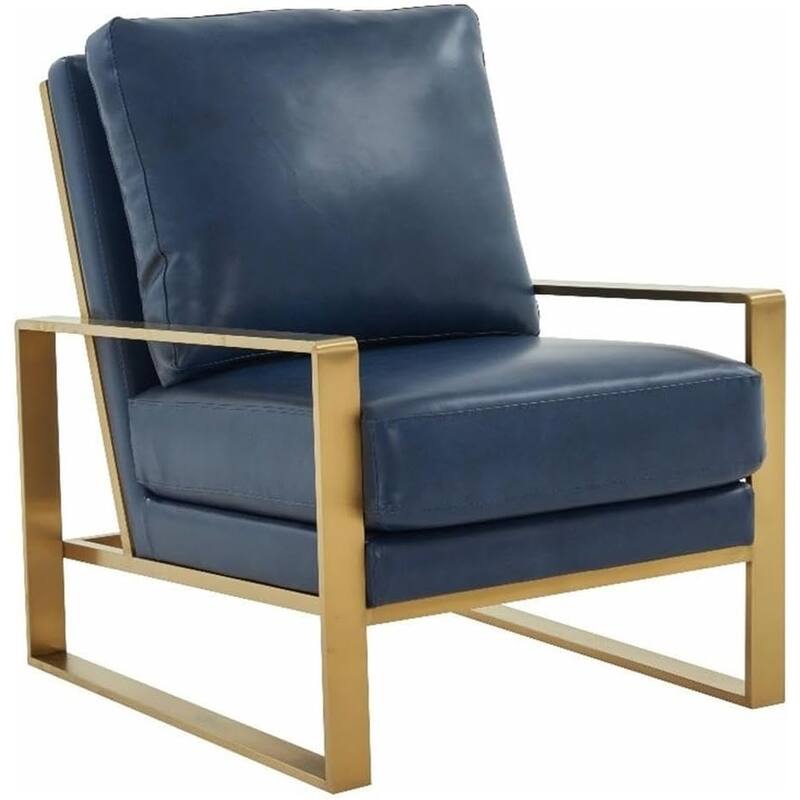 Jefferson Contemporary Leather Accent Armchair with Brushed Gold Frame, Removable Cushions, and Durable Spring-Supported Seat - Navy Blue