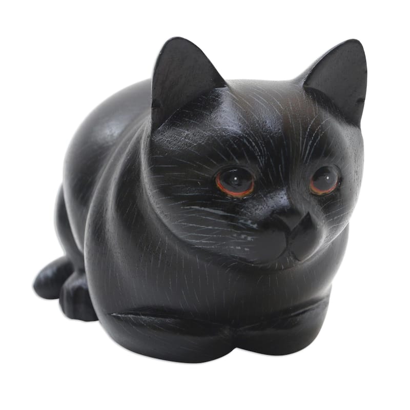Novica Handmade Fat Cat In Black Wood Statuette