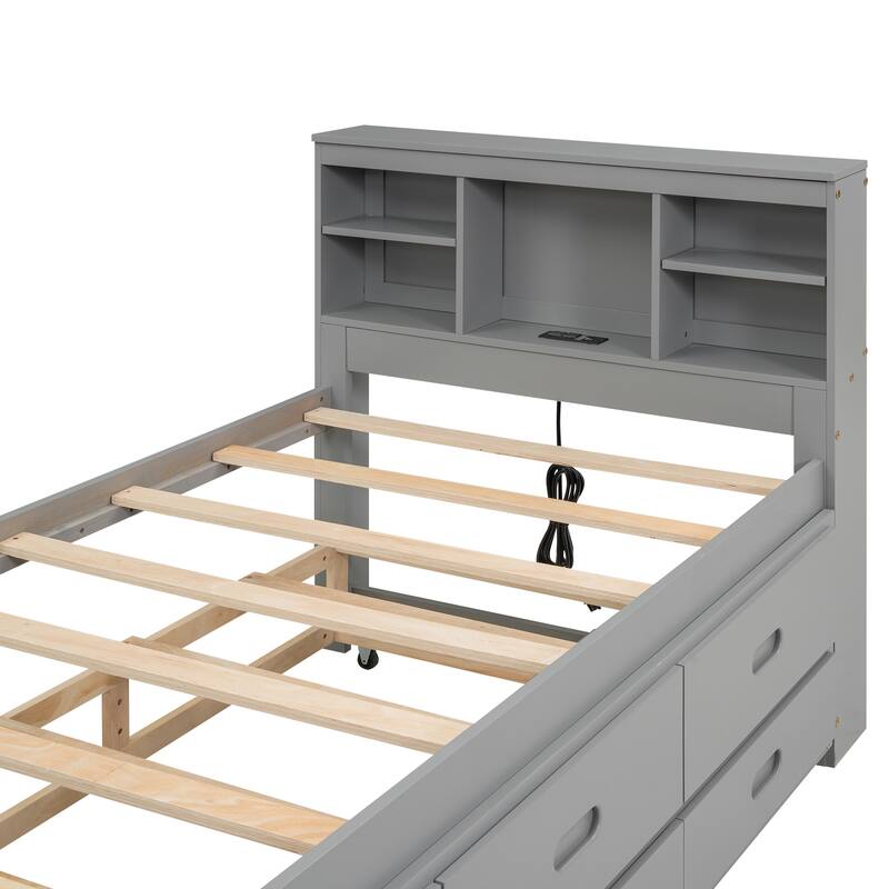 Platform Bed with Storage Headboard, USB, Twin Size Trundle and 3 Drawers