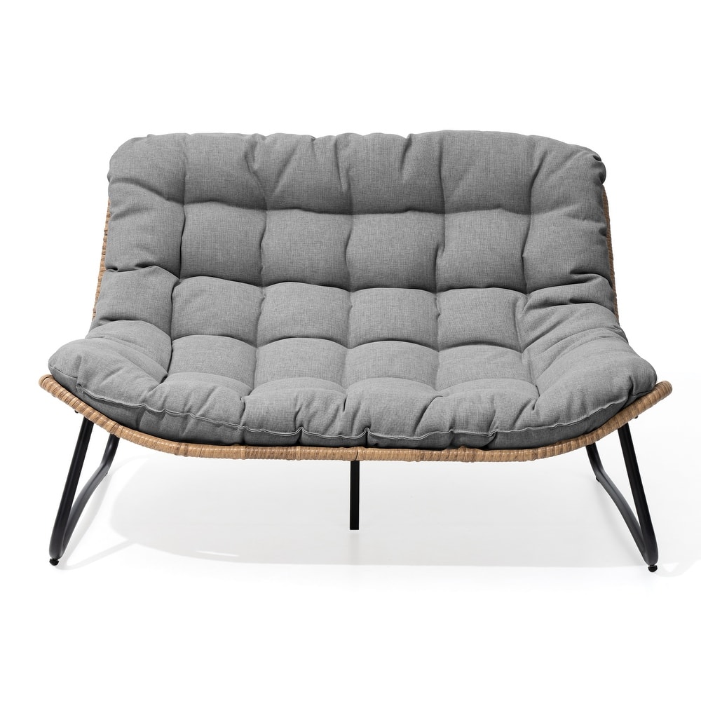 All-Weather PE Rattan Double Papasan Chair Loveseat with Soft Cushion for Indoor Outdoor