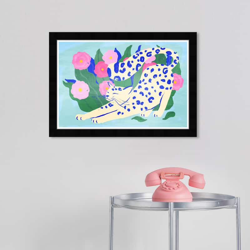 "Cat Yoga", Wild Cat Garden Modern Blue Framed Wall Art Print for Bedroom